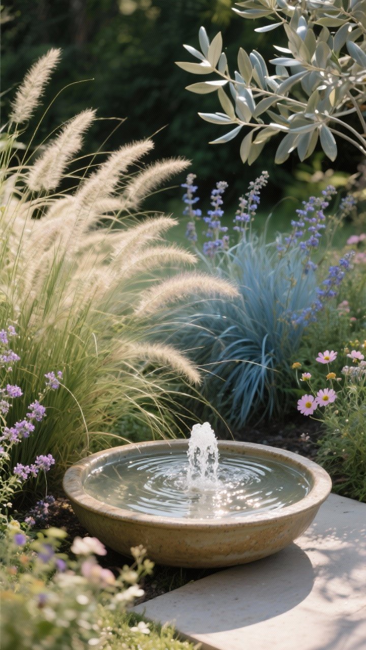 Photorealistic medium shot highlighting movement in the garden: a small bubbler fountain in a ceramic basin sending ripples, surrounded by swaying ornamental grasses (fountain grass, feather reed grass, blue fescue) and wind-friendly stems of verbena bonariensis and cosmos. Include silvery leaves of olive or eucalyptus reflecting light. Gentle breeze implied by motion blur in grasses, late-afternoon light glinting on water, three-quarter angle to capture layers and shimmer.