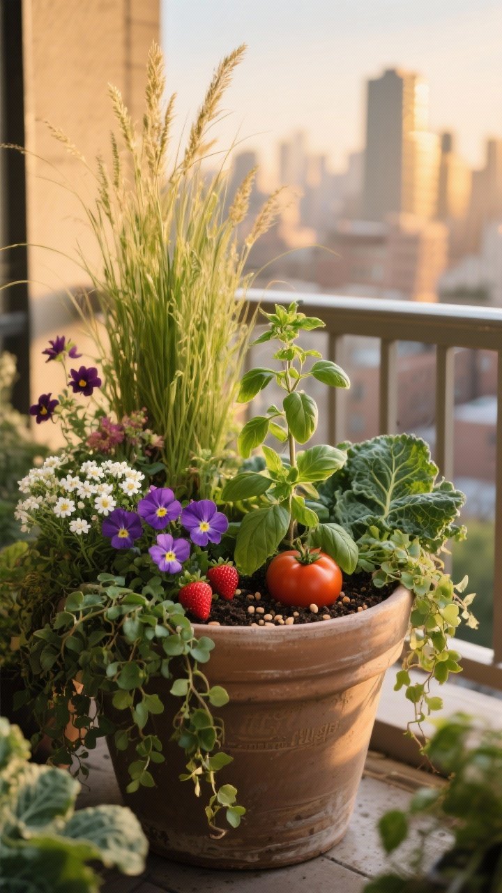 Photorealistic medium shot of a balcony container garden showcasing “thriller, filler, spiller” combos: a tall focal grass or dwarf ornamental as thriller, companion blooms as filler, and trailing ivy/lysing plants as spiller over pot edges; include edibles with ornamentals—kale with purple violas, strawberries with white alyssum, a tomato plant paired with basil in a minimum 5-gallon container; visible high-quality potting mix and slow-release fertilizer pellets; golden late-afternoon light, urban skyline softly out of focus.