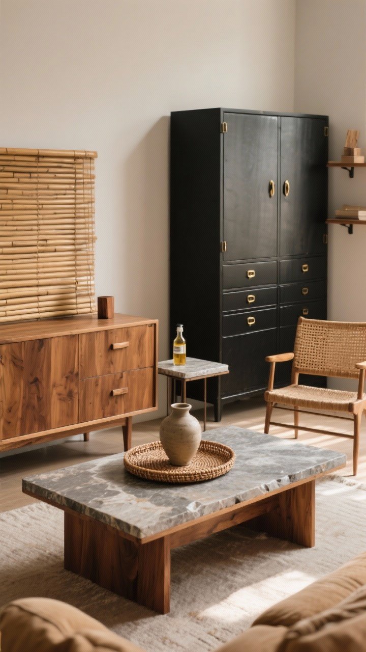 Photorealistic medium shot of a boho living room vignette showcasing intentional mixing of woods and metals: a medium-tone wood coffee table as the anchor piece, a vintage sideboard in similar wood across the background, matte black and brushed brass hardware on drawers and cabinet doors (repeated twice for balance), a rattan tray on the coffee table holding a ceramic vase, bamboo blinds filtering warm afternoon light, and a cane chair softening the scene. Include subtle contact-paper “stone” top on a small side table and a bottle of wood oil on a nearby shelf to nod to budget upgrades. Shot straight-on for clarity, with warm neutral palette and gentle, even lighting.