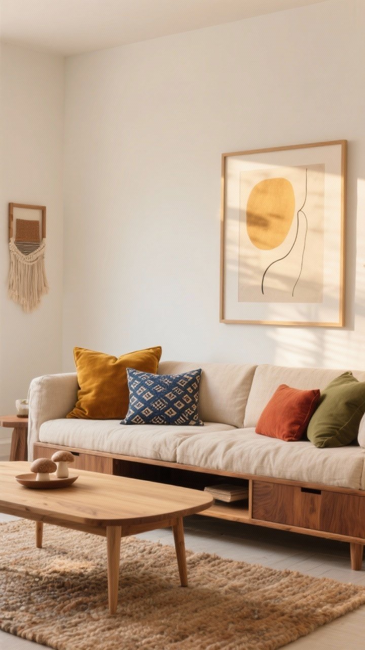 Photorealistic medium shot of a boho living room wall and sofa vignette showcasing an earthy palette: warm white/cream walls, light oak coffee table, walnut media console, and a sand-toned linen sofa layered with rust, terracotta, and olive pillows; a mustard velvet cushion and an indigo patterned pillow add a lively pop. A mushroom-toned area rug grounds the space; mango wood picture frame with simple abstract art. Golden-hour natural light creates a warm, cozy glow; avoid cold grays. No people.