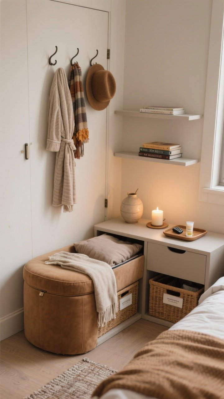 Photorealistic medium shot of a compact bedroom storage zone that feels cozy and uncluttered: a rounded-edge upholstered storage ottoman (camel or warm taupe) at the bed’s end with folded throws inside, fabric or rattan under-bed bins labeled discreetly, and slim floating shelves styled with a mini ceramic vase, a candle, and a small stack of paperbacks for a cozy-library vibe. Over-the-door hooks hold a robe, a scarf, and a felt hat for a practical fall moment. A tray on the nightstand corrals a candle, remote, and hand cream. Soft, warm ambient light, rounded forms to soften tight angles, and a maximum of three visible textiles (throw, pillows, rug). Shot from a slightly elevated corner angle to showcase multi-tasking storage without crowding.