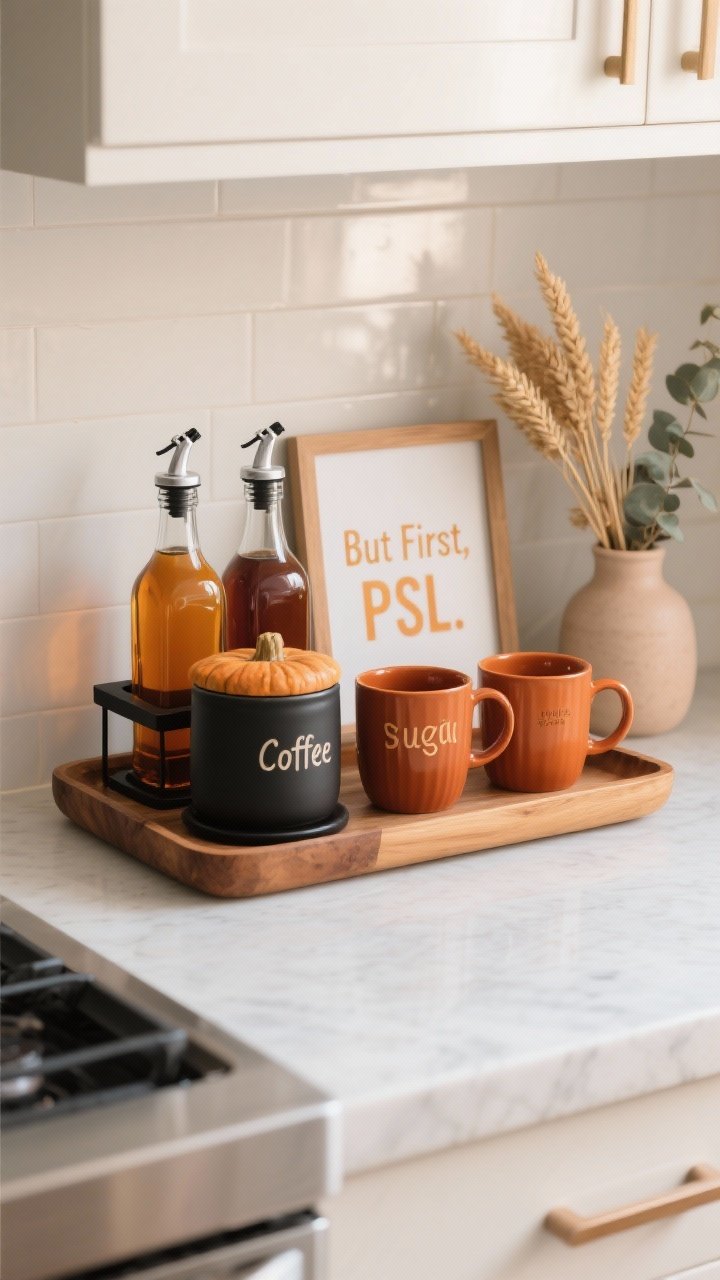 Photorealistic medium shot of a compact pumpkin-spice coffee station styled on a warm wood tray under 18 inches wide, set on a clean kitchen counter against a neutral backsplash; include a matte black riser, a ceramic canister trio labeled coffee, sugar, and pumpkin spice, amber glass syrup bottles (vanilla, caramel, pumpkin) with pour spouts, a pair of mugs in rust and terracotta tones, a small framed print reading “But First, PSL,” and a mini vase with dried wheat or eucalyptus; soft morning natural light, cozy chic, no clutter, straight-on view