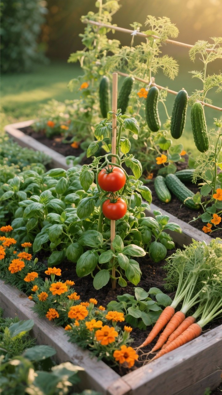 Photorealistic medium shot of a companion planting bed: central tomato staked, surrounded by lush basil, with a cheerful border of marigolds; adjacent area shows cucumbers on a low trellis with airy dill and trailing nasturtium; a neat row of carrots interplanted with spring onions. Layered composition emphasizing tall + medium + low canopy. Warm golden-hour light, rich green textures, bright marigold orange and nasturtium hues, straight-on view to showcase the harmonious guild effect.