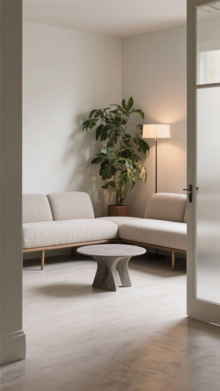 Photorealistic medium shot of a corner conversation nook: an L-shaped sectional with exposed legs and a low back tucked into an awkward corner, paired with a small sculptural coffee table leaving the center of the room airy; a tall, slender floor lamp and a lush corner plant drawing the eye upward to add vertical emphasis; soft textures in the sectional, visible floor beneath for lightness, and a matte-finished table; muted natural tones with a hint of greenery; gentle ambient daylight and warm lamp light; shot from an adjacent doorway to highlight the freed-up center space
