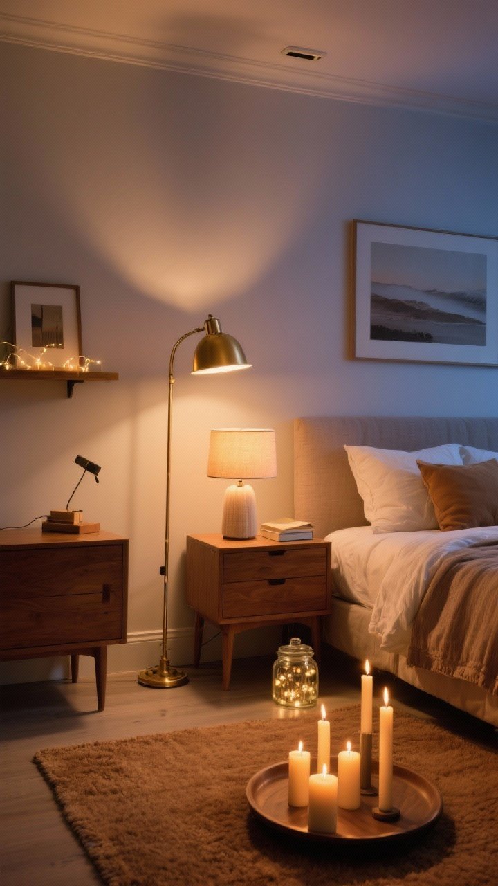 Photorealistic medium shot of a cozy bedroom corner at dusk with layered lighting: a warm-glow brass floor lamp (2200–2700K) casting soft amber light onto a camel-colored rug, a small linen-shaded table lamp on a wooden nightstand beside the bed, and flameless candles in mixed heights (tapers and pillars) arranged on a round tray; add a tiny lamp on a dresser and a clip-on picture light illuminating framed art; include a glass jar filled with fairy lights on a shelf; avoid any overhead ceiling light turned on; show soft shadows, no glare, and a calm “read a chapter then nap” mood.