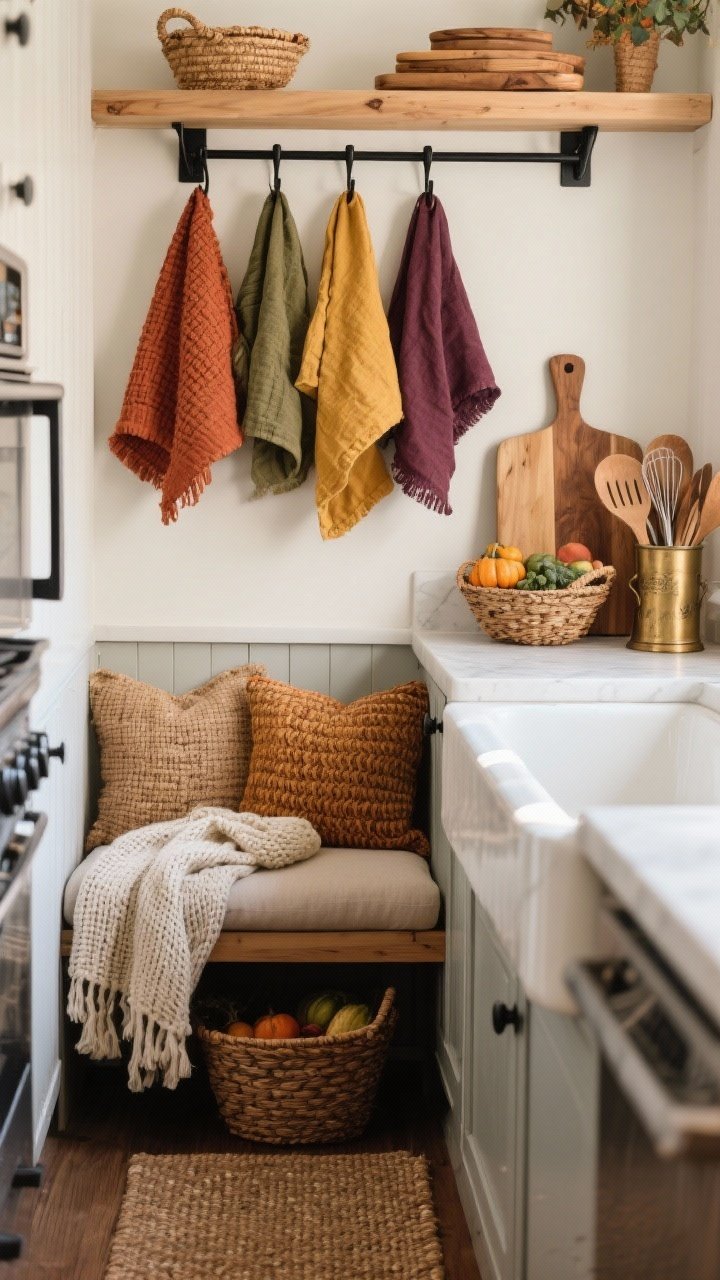 Photorealistic medium shot of a cozy fall kitchen corner focused on layered textures: chunky cotton and linen tea towels in rust, olive, mustard, and deep plum hanging from a matte black hook rail; a woven runner down a galley aisle and a cushioned kitchen mat by the sink; a breakfast nook bench draped with a knit throw. Style two curated countertop moments only: stacked wooden cutting boards, a vintage brass utensil holder, and produce corralled in woven baskets. Natural wood and matte black hardware, warm morning daylight, shallow depth of field highlighting fabric weaves and basket texture, no people.