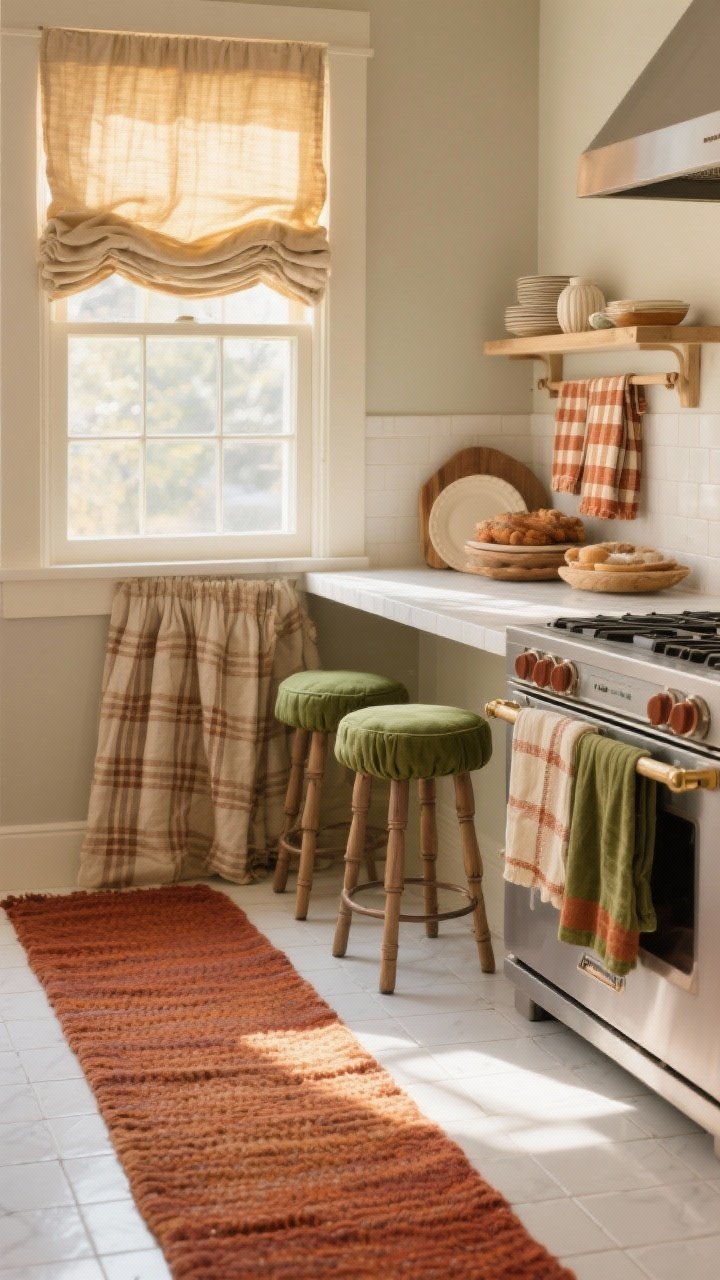 Photorealistic medium shot of a cozy fall-ready kitchen corner featuring layered textiles: a warm-tone runner in rust and oat hues softening white tile floors, linen Roman shade filtering golden-hour light onto pale countertops, a pair of counter stools with washable moss-green seat pads/slipcovers, and a set of subtle plaid dish towels (cream, rust, moss) draped over the oven handle. Natural afternoon sunlight, soft shadows, boutique-bakery vibe, textures emphasized: chunky weave, soft linen, gentle wrinkling, no people.