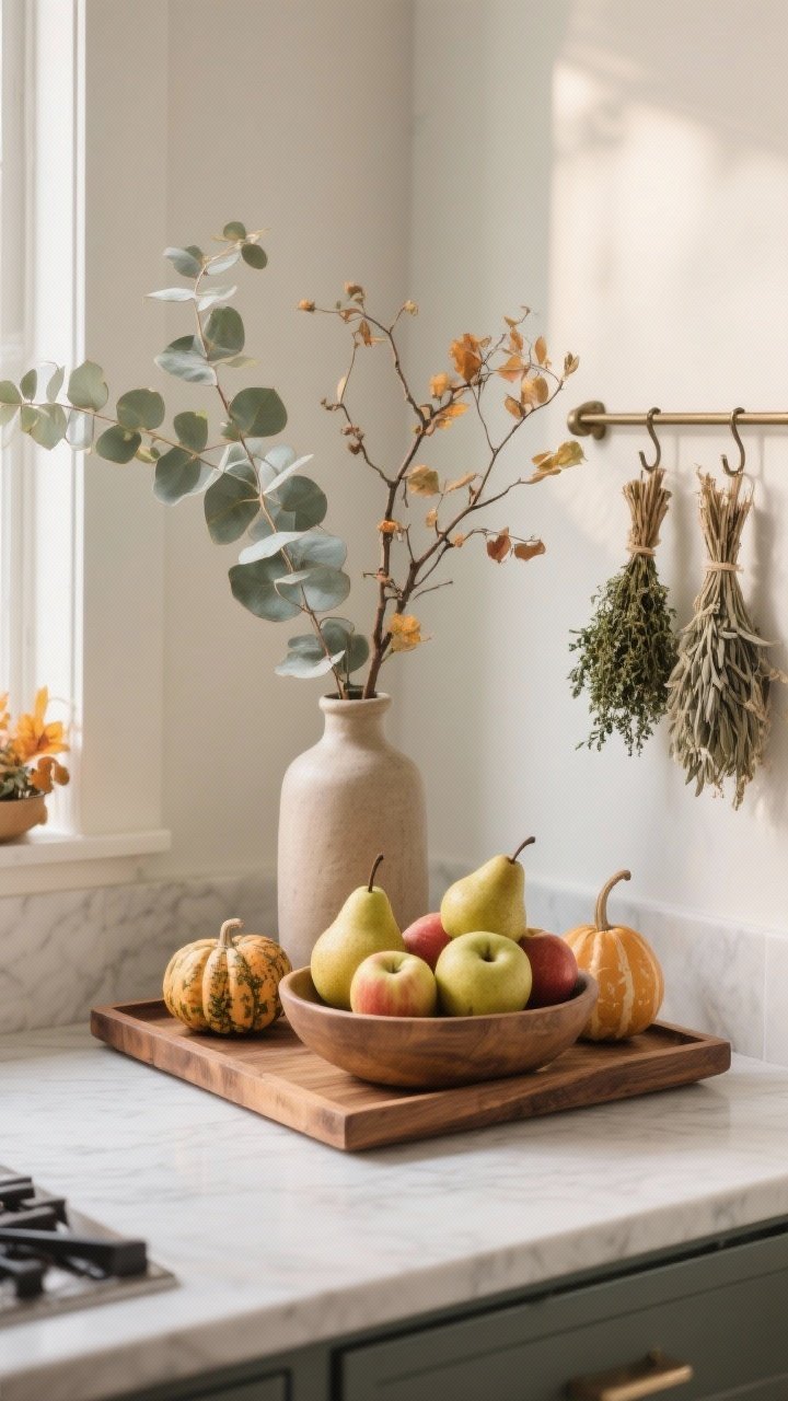 Photorealistic medium shot of a fall harvest vignette on a kitchen counter, all corralled on a wooden tray or riser: a bowl of pears and apples as produce-as-decor, a tall vase with airy eucalyptus and a few foraged branches adding sculptural height, a pair of small dried herb bundles (thyme and sage) hanging from a nearby hook, and one or two small gourds for restraint; clean, uncluttered background; three-quarter corner angle; natural afternoon light for a calm, intentional look