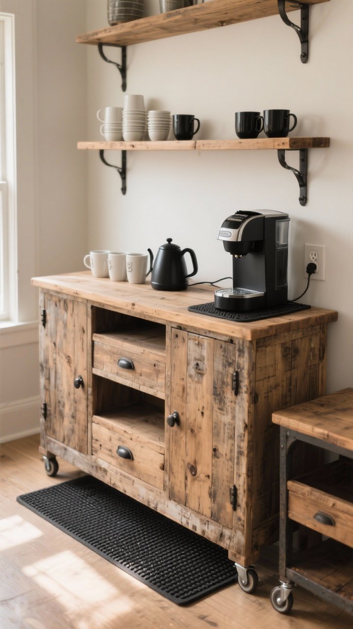 Photorealistic medium shot of a farmhouse coffee bar anchored by a vintage weathered-wood buffet with matte black hardware, warm distressed wood tones, and a two-tier vibe; espresso machine and electric kettle positioned on the sturdy side near a wall outlet, both sitting on a black rubber drip mat to protect the wood; daily mugs within arm’s reach on the top surface with extra mugs tucked below; subtle mix of similar wood tones (no clashes), metal casters peeking from a side console nearby; warm, grounded palette with soft morning natural light from the left; straight-on angle emphasizing the practical layout and hidden-storage drawers.