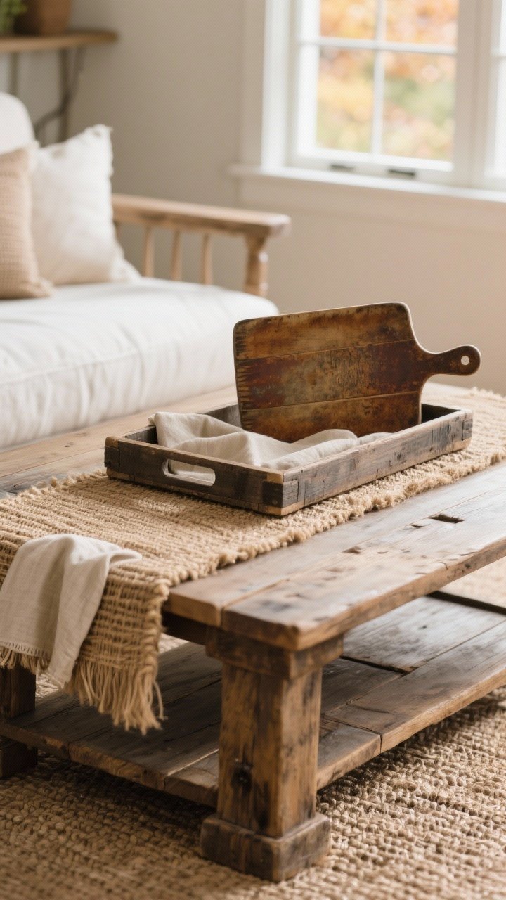 Photorealistic medium shot of a farmhouse coffee table styled with a cozy base: a chunky reclaimed wood tray atop a woven jute runner on a rustic wood coffee table, with a neutral linen/burlap cloth peeking out for layered texture. Include a vintage cutting board with rich patina used as an additional tray element. Natural afternoon light from a nearby window, soft fall tones (cream, oat, warm wood). Focus on tactile textures—the jute weave, linen fibers, and worn wood grain. Shot from a slight corner angle at tabletop height, no people, warm and inviting, clutter-free, practical vibe.