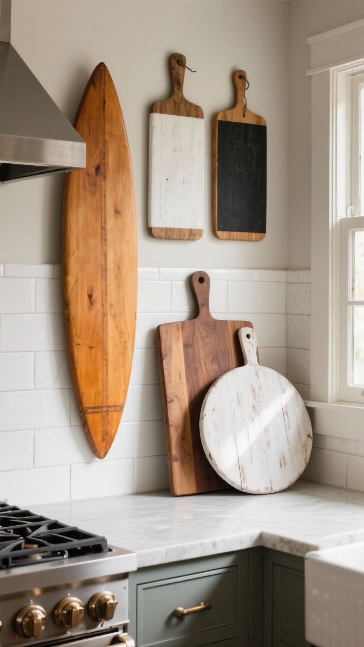 Photorealistic medium shot of a farmhouse kitchen backsplash styled as a mini gallery of cutting boards: an oversized paddle board in warm mango wood, a medium rectangular walnut board, and a round whitewashed oak board layered and leaning casually behind a stove. Mix of raw wood, one matte white board and one matte black board for contrast. Natural morning light from a side window casting soft shadows, subtle rustic texture on the boards, neutral stone or white subway tile backsplash, minimal countertop clutter. Focus on the layered scales and finishes to create a focal point.