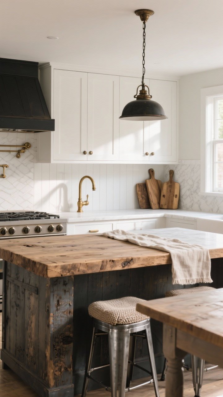 Photorealistic medium shot of a farmhouse kitchen island showcasing layered textures: a thick butcher block island top paired with sleek white quartz perimeter counters, crisp white flat-front cabinets, and a beadboard panel on the island back. Include rough-hewn wood cutting boards, aged brass faucet and matching pendant light, matte black cabinet pulls, and soft natural linen runner on a nearby table. Add modern metal stools at the island with linen seat cushions. Warm morning natural light from a side window, subtle shadows emphasizing wood grain, metal patina, and linen weave; straight-on angle capturing the contrast of patina and polish.