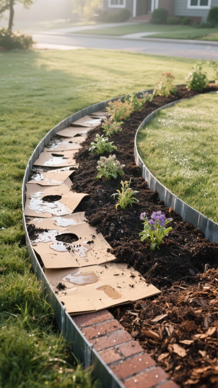 Photorealistic medium shot of a freshly created no-dig garden bed along a lawn, outlined with a gently curving edge formed by steel edging and a short brick accent for a crisp, finished look; visible layered build: overlapping wet cardboard sheets peeking at a planting slit, topped by dark compost, rich topsoil, and a 2-inch mulch layer; young perennials planted through sliced holes in the cardboard, soil still moist from deep watering; early morning soft natural light, dew on mulch, textures of cardboard, compost, and bark mulch clearly visible; no people, suburban yard backdrop with tidy grass.
