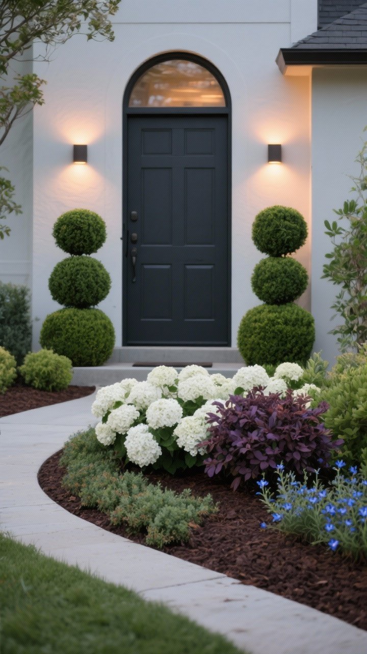 Photorealistic medium shot of a front entry framed with layered plants: two symmetrical boxwood balls and upright junipers closest to a modern charcoal-colored front door, middle layer of white hydrangeas and dwarf loropetalum with plum foliage, front edge softened by creeping thyme and blue star creeper spilling over a crisp curved bed; warm low-voltage uplights flanking the doorway at 3000K for dusk drama; clean, repeated plant palette; curved beds echo an arched doorway; moist mulch in a single dark-brown tone; no people.