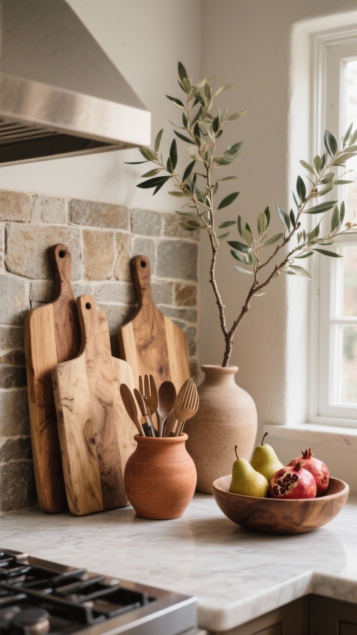 Photorealistic medium shot of a kitchen vignette highlighting natural elements: a cluster of leaning wooden cutting boards against a backsplash for layered texture, a stoneware or terracotta crock holding utensils on the counter, a tall branch arrangement (olive or eucalyptus) in a simple clay vase, and a shallow wooden bowl filled with pears and pomegranates. Earthy palette of wood, stone, and clay; crisp daylight from a nearby window; refined rustic mood, no florals, just sculptural branches.