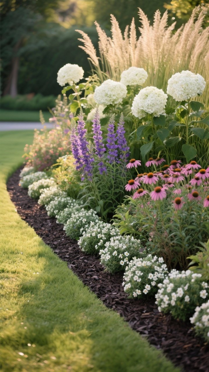 Photorealistic medium shot of a layered garden border along a curved bed: tall ornamental grasses and white hydrangeas in the back, mid-height flowering perennials like purple salvia and pink echinacea in the middle, and a front row of low mounding creeping thyme, heuchera, and white alyssum; plants repeated every 2–3 feet for rhythm; rich dark mulch, crisp bed line against green lawn; warm late-afternoon natural light, straight-on angle emphasizing the height gradation and polished, intentional design.