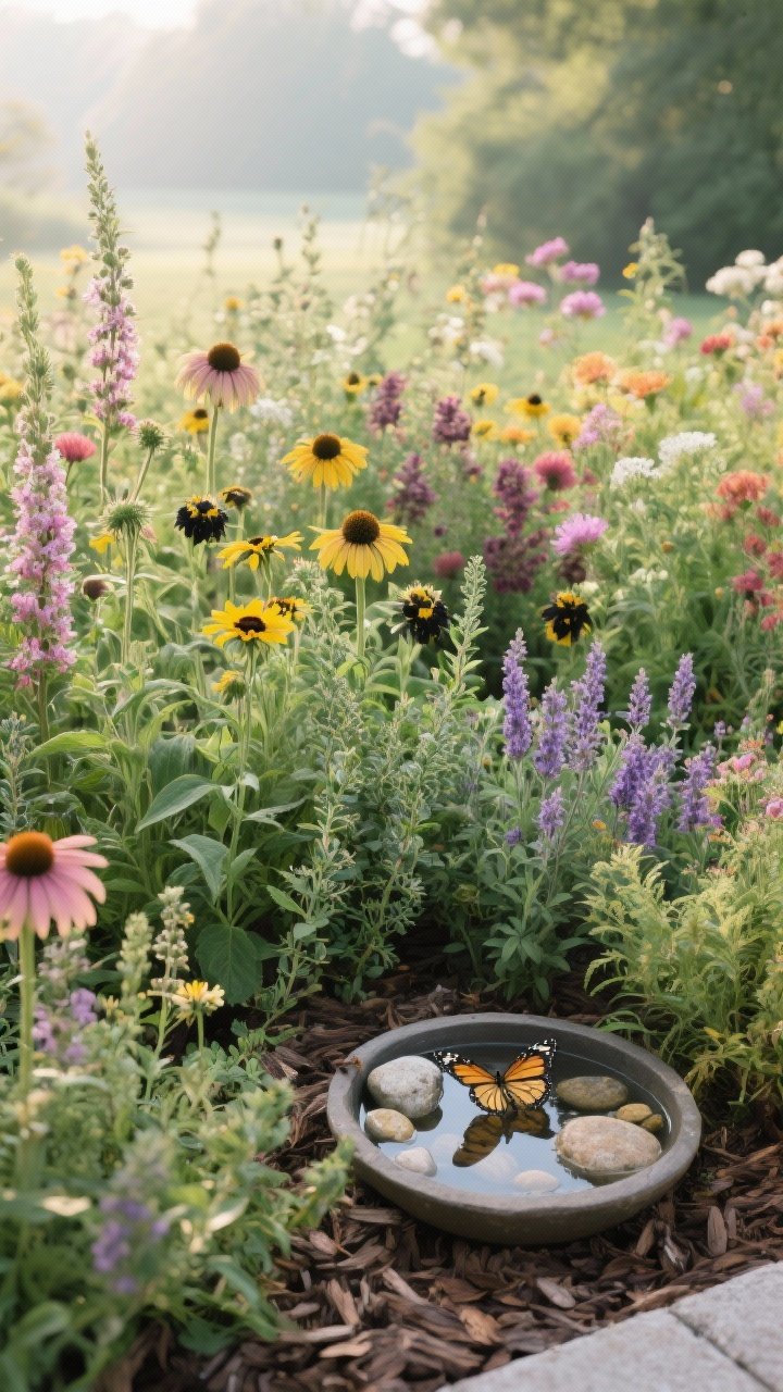 Photorealistic medium shot of a low-maintenance pollinator garden bed: dense planting of native perennials—coneflower, bee balm, yarrow, salvia, black-eyed Susan—intermixed with thyme, oregano, and lavender. Show a shallow water dish with stones for bees and butterflies. Emphasize a continuous bloom effect with varied heights and colors. Soft morning light, no pesticides or sprayers visible, natural mulch layer, straight-on eye level for easy plant ID.