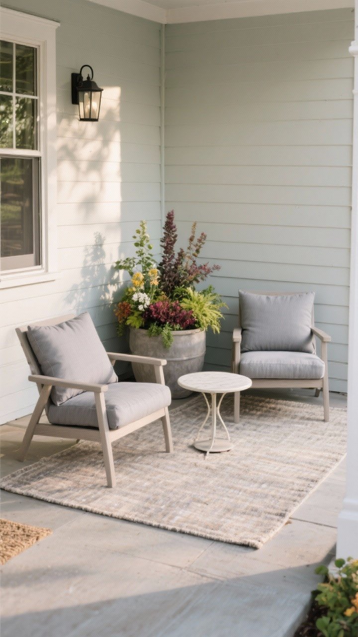 Photorealistic medium shot of a mini outdoor room on a front porch: scaled furniture with two simple lounge chairs and a small round table (or a compact bistro set if space is tight), neutral outdoor rug underfoot, weatherproof cushions in soft grays; a single large focal planter beside the seating with thriller, filler, spiller composition; uncluttered styling, clean siding backdrop, gentle morning light casting soft shadows, straight-on composition