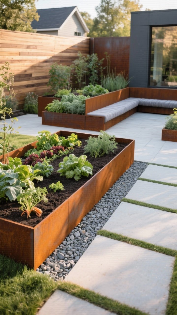 Photorealistic medium shot of a modern backyard featuring sleek raised beds in corten steel and sealed cedar, arranged as long low rectangles with clean lines; beds at 12–18 inches for veggies and one at 24 inches forming a luxe seating edge; soil neatly contained with landscape fabric lining just visible at the inner rim; plantings include mixed vegetables and herbs; crisp edging prevents creeping grass; soft late-afternoon natural light emphasizing the silvery aging of cedar and the warm rust of corten; straight-on view highlighting drainage-friendly gravel paths and intentional geometry.