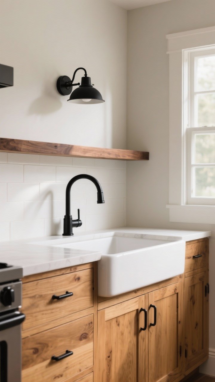 Photorealistic medium shot of a modern farmhouse kitchen vignette featuring matte black hardware on warm honey-oak lower cabinets and a walnut floating shelf beneath a sleek matte black wall sconce; include a black bridge faucet over a white or greige wall and white farmhouse sink, with natural wood grain clearly visible; balanced palette of matte black, oak/walnut, and crisp white/greige; soft natural window light with gentle shadows; straight-on angle emphasizing the contrast between matte black pulls, the faucet, and the warmth of the wood.