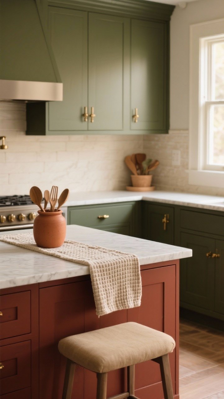 Photorealistic medium shot of a modern kitchen island painted in moody olive with lower cabinets in deep rust, paired with creamy greige upper walls; aged brass hardware on cabinet fronts, an oat-colored seat cushion on a simple counter stool, and a clay-hued utensil crock on the quartz countertop; linen table runner draped along the island edge and a folded waffle-textured hand towel nearby; warm, soft morning light from a side window to emphasize cozy earth tones (cinnamon, clay, olive, deep cocoa) balanced with cream, no people, natural modern styling.