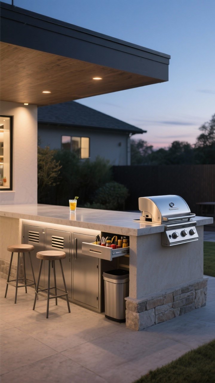 Photorealistic medium shot of a modern outdoor grill island at dusk: concrete or porcelain countertop with 30 inches of clear counter space to the right of a built-in stainless steel grill, stucco or stone veneer base, stainless steel doors with ventilation slots, hidden closed storage slightly ajar revealing neatly stowed tools and spices, a pull-out trash drawer partly extended, and a bar overhang with two backless stools. Include a chilled drink parked on the counter and subtle warm ambient lighting; no people.
