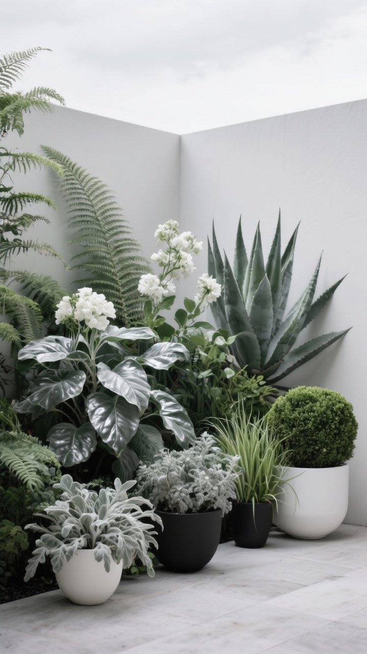 Photorealistic medium shot of a monochrome garden vignette focused on texture over color: a spectrum of greens with silvery foliage and white blooms; combination of ferns, hosta, lamb’s ear, and mondo grass; architectural accents like agave and clipped boxwood; plants arranged in white and black planters that reinforce the palette; calm, minimalist mood with soft overcast lighting, shot at a slight corner angle to highlight glossy vs. matte leaf textures.
