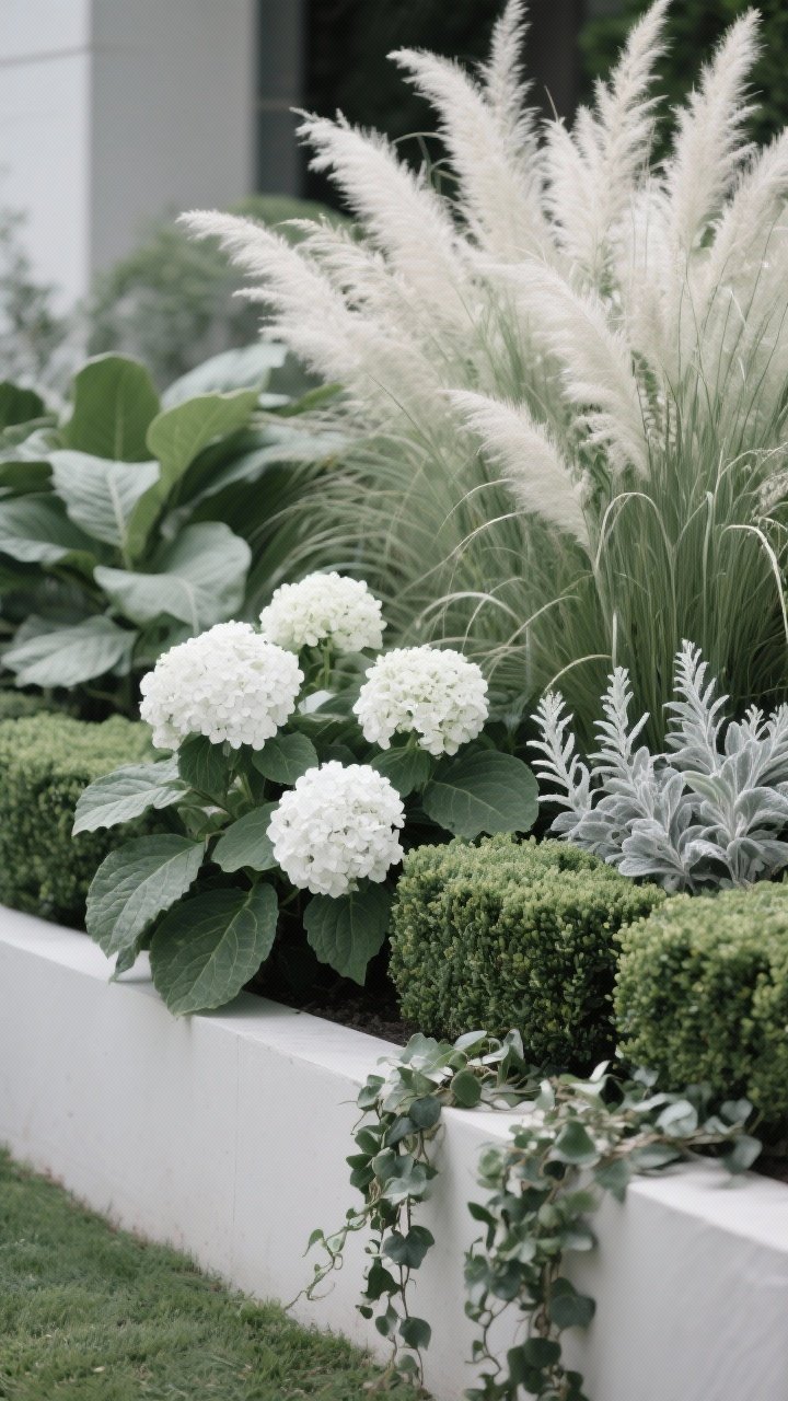 Photorealistic medium shot of a monochrome garden composition in greens and whites: manicured boxwood and hosta beside feathery ornamental grasses, with white hydrangea blooms and white salvia accents. Include lamb’s ear for a silvery texture and ivy trailing along a low border. Focus on texture contrast—broad hosta leaves against wispy grass plumes. Calm, balanced scene with muted color palette; straight-on, shallow depth of field to emphasize texture richness.
