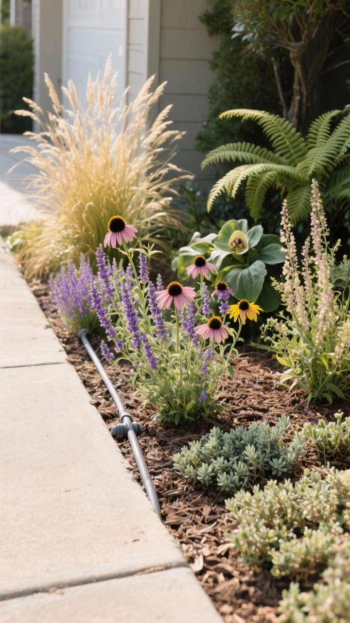Photorealistic medium shot of a native, low-maintenance planting zone: sunny front yard strip featuring coneflower, black-eyed Susan, Russian sage, and ornamental grasses swaying; a discreet drip line/soaker hose partially visible under mulch indicating easy irrigation; adjacent shady nook with ferns, hosta, hellebore, and astilbe; creeping thyme and sedum filling gaps; natural textures, muted color palette with pops of purple and gold, captured from a slight side angle