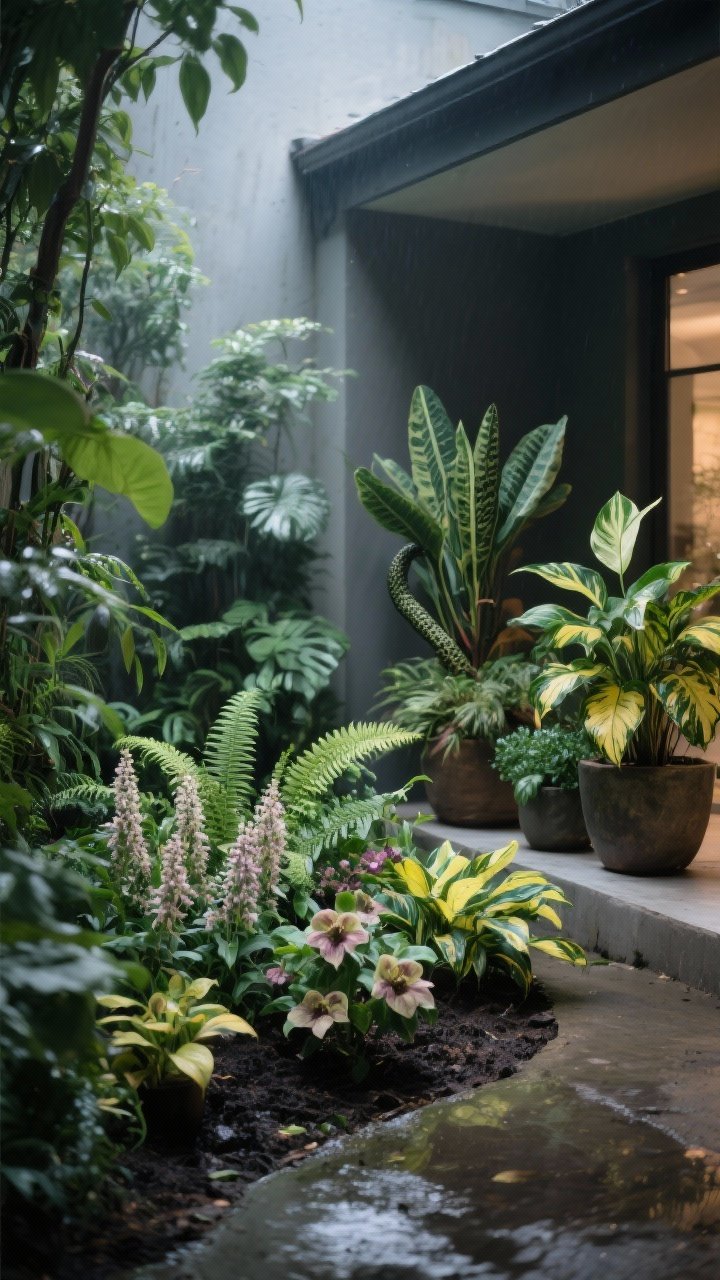 Photorealistic medium shot of a shaded courtyard corner styled as a low-light jungle: outdoor partial-shade bed with heuchera, hosta, astilbe, ferns, and hellebore; nearby covered porch planters featuring ZZ plant, snake plant, pothos, and peace lily; variegated leaves and chartreuse tones to brighten the dim area; slightly damp but not waterlogged soil; cool, diffuse shade lighting with gentle contrast; camera angled from the corner to emphasize lush density.