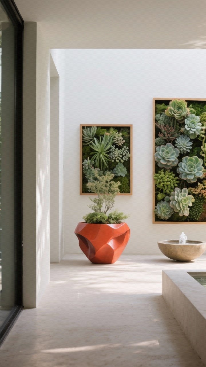 Photorealistic medium shot of a single unexpected focal point placed at the end of a short path: an oversized sculptural planter in a striking color set against a simple backdrop, with a framed living wall panel of succulents on an adjacent wall; optional compact bowl fountain nearby for subtle movement; straight-on composition guiding the eye to the anchor piece, soft afternoon light for drama without distraction.