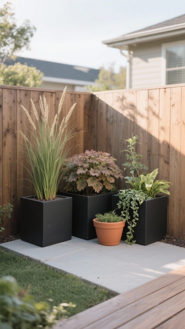 Photorealistic medium shot of a small backyard corner by a wooden fence with a compact raised planter and three coordinated containers in matte black and terracotta. Each container follows the rule of 3: one tall thriller grass, one bushy filler like heuchera, one trailing spiller like ivy. Five to seven total plants arranged thoughtfully. Clean, minimal styling with a small deck edge visible. Early morning natural light, soft shadows, calm and doable vibe, no people.