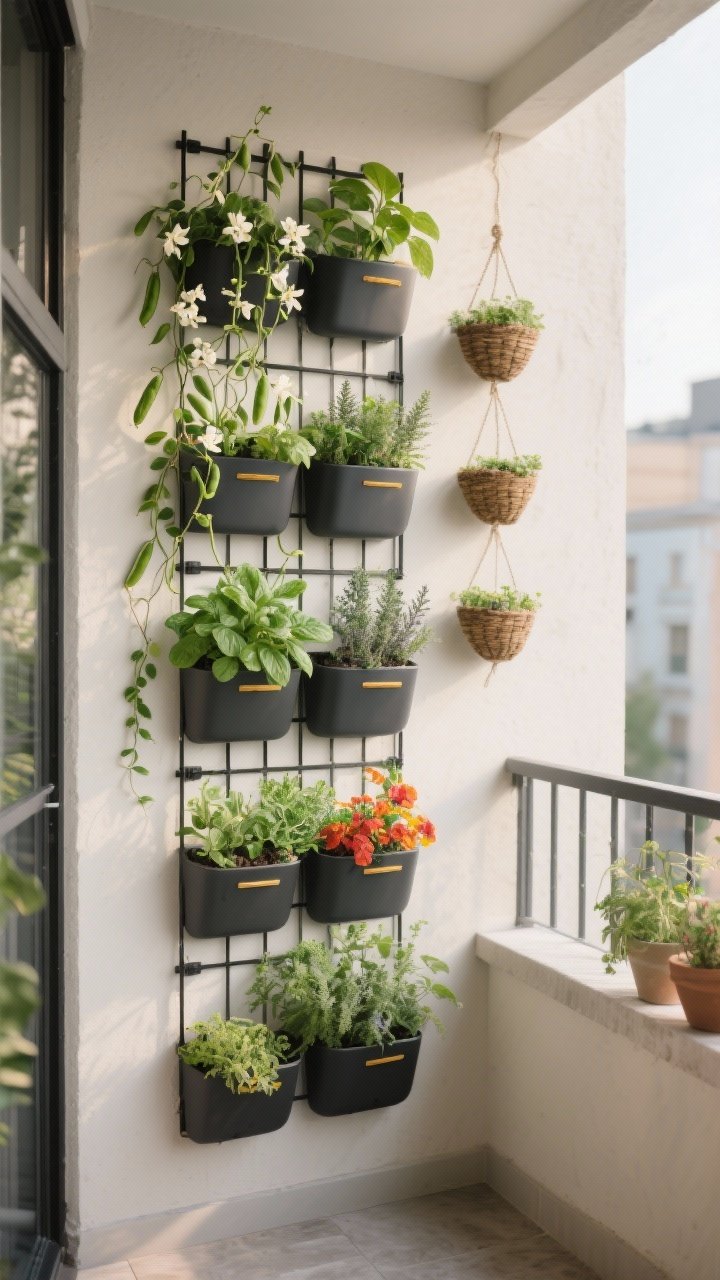 Photorealistic medium shot of a small balcony wall transformed into a vertical garden: staggered pocket wall planters in a modular grid filled with mixed herbs (basil, thyme), trailing vines, and bright color pops; a slim black trellis with peas and jasmine climbing, plus a trio of hanging baskets layered at eye level, mid, and high. Use lightweight-looking planters, indicate self-watering inserts peeking subtly at rims, and a lightweight potting mix texture visible at the top. Straight-on perspective, soft morning natural light, neutral wall background acting as living art, no people.