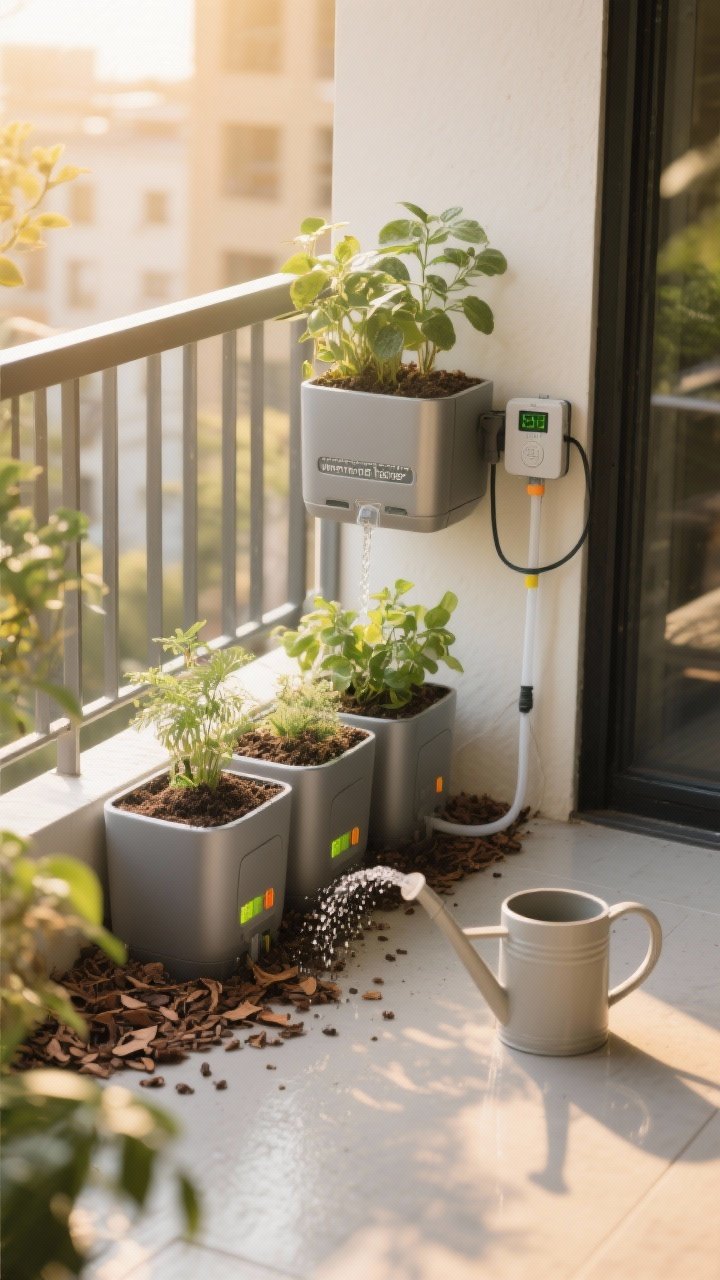 Photorealistic medium shot of a small balcony watering setup: sleek self-watering planters with visible water level indicators, a micro drip line system on a compact battery timer snaking neatly to each pot, mulch on top of soil (shredded bark, cocoa hulls, or pea gravel) to retain moisture. Morning watering mood with golden light, a simple watering can set aside, and a clean, dry floor—emphasizing “water smarter, not harder.”
