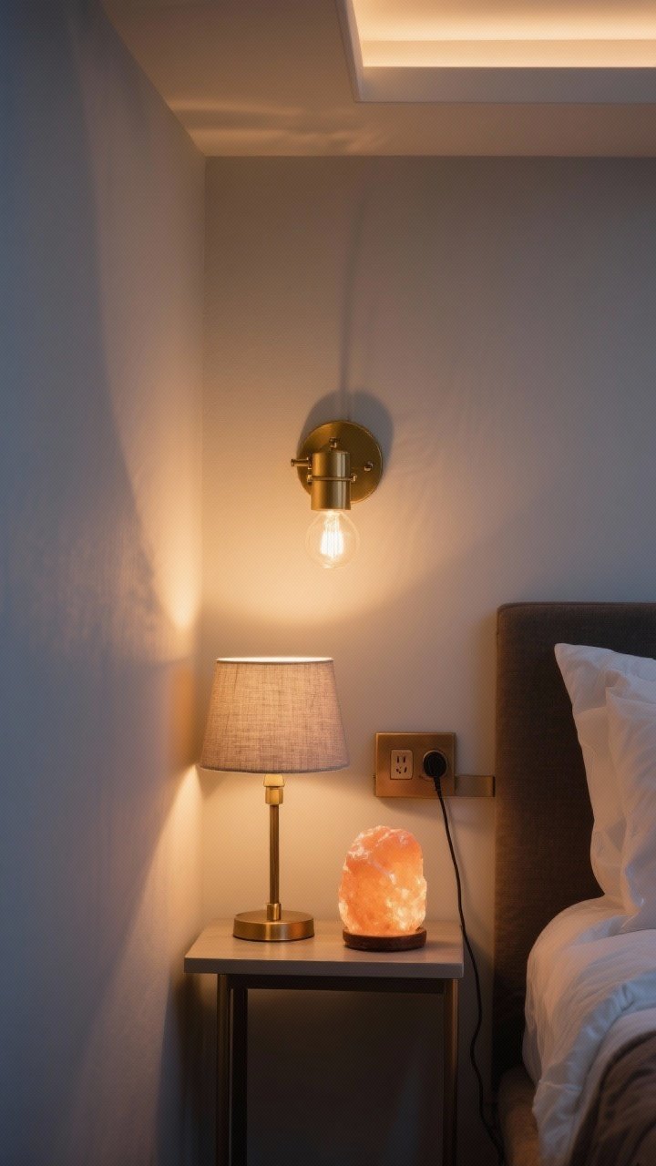 Photorealistic medium shot of a small bedroom nightstand wall corner at dusk, showcasing layered warm lighting: a wall-mounted brass plug-in sconce with a 2700K bulb for task lighting above the bed, a small shaded table lamp with a fabric drum shade creating ambient glow on a slim nightstand, and a salt lamp on a floating shelf providing soft accent illumination. Include a plug-in dimmer visible on the cord, warm-toned brass and bronze metals (no chrome), and freed-up surface space from the wall-mount. Show cozy shadows and a “glow, not glare” mood; overhead ceiling light is off. Straight-on angle to emphasize the trio of lights and their layered warmth in a tiny space.