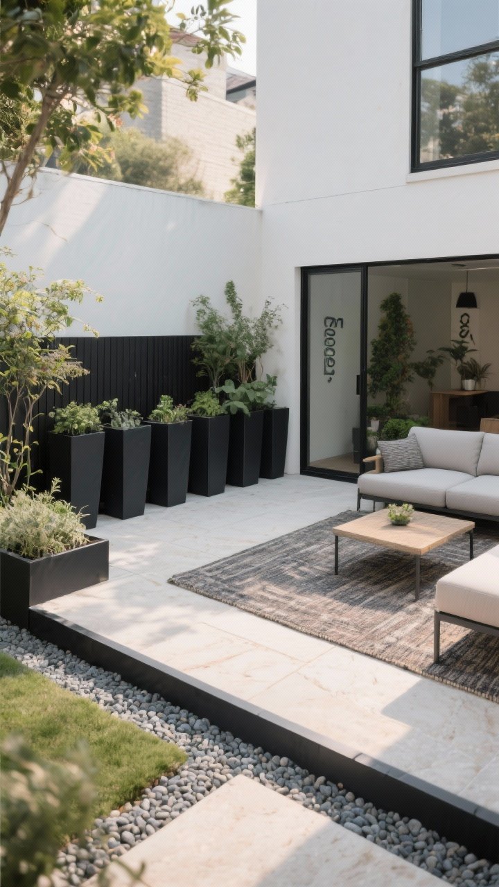 Photorealistic medium shot of a small corner patio framed by bold edges: black steel metal edging outlining a pea-gravel path and a pale limestone planting bed, a row of tall, slim painted planters forming a border “fence,” and an outdoor rug anchoring a compact seating area; crisp, clean lines with repeated materials (black steel and pale limestone) for cohesion; late-afternoon natural light, straight-on angle emphasizing the strong boundaries and polished look, plants kept lush but secondary to the defined edges.