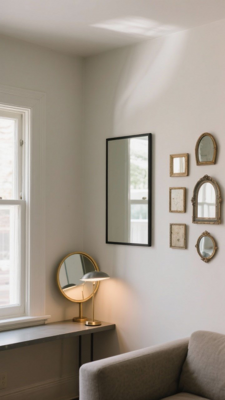 Photorealistic medium shot of a small living room wall featuring strategic mirror placement: a window on the left casting soft natural daylight, a large rectangular mirror with slim black frame hung directly across from the window to double the light, a smaller round brass-framed mirror behind a modern table lamp on a narrow console to reflect a warm glow, and a gallery-style cluster of thrifted small mirrors in different shapes (arched, oval, square) arranged cohesively with frames all painted the same muted greige. Neutral warm white walls, subtle shadows, no people, chic yet budget-friendly vibe.