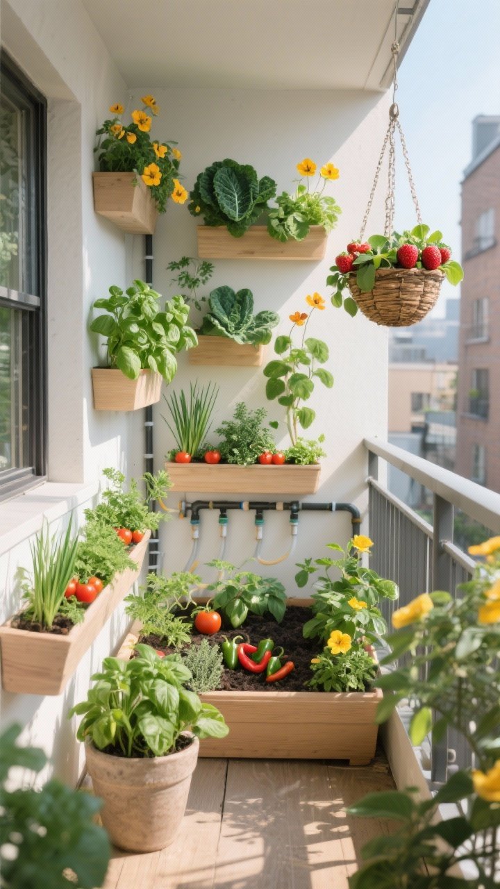 Photorealistic medium shot of a small-space edible garden on a compact balcony: window boxes and wall planters brimming with basil, chives, parsley, thyme; rail planters with compact cherry tomatoes and dwarf peppers; a large container with dwarf citrus; a hanging basket of strawberries. Integrate pretty edibles like kale with nasturtiums for ornamental flair. Include visible drip irrigation tubing or self-watering planters. Bright morning light, straight-on view, tidy, productive vibe.