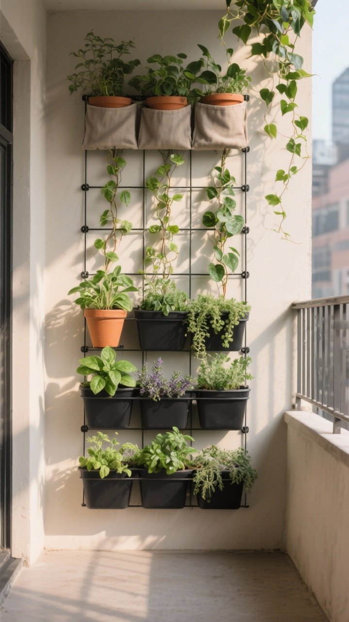 Photorealistic medium shot of a small urban balcony wall transformed into a vertical garden: staggered matte black wall planters, a metal modular trellis grid with clip-on terracotta pots, and a top row of fabric pocket planters. Layered planting: tall trellised vines in back, mid-height herbs (basil, thyme) in center, trailing pothos and ivy up top. Neutral wall, warm afternoon natural light, crisp shadows, minimal floor usage, depth from varied heights, no people.