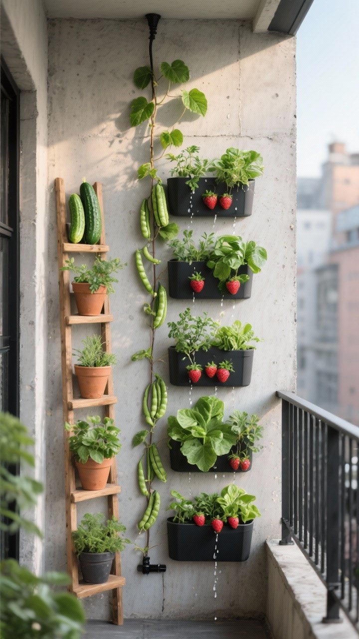 Photorealistic medium shot of a small urban balcony wall transformed into a vertical garden: modular wall pockets filled with herbs, strawberries, and leafy greens; a slim trellis with cucumbers and peas climbing; a repurposed wooden ladder holding pots on staggered shelves. Include a simple drip line starting at the top, with droplets visible on leaves, showing gravity-fed watering. Soft morning sunlight, textured concrete wall, matte black metal railing, lush compact and vining varieties, no people, straight-on angle emphasizing the vertical plane and pretty layered greenery.