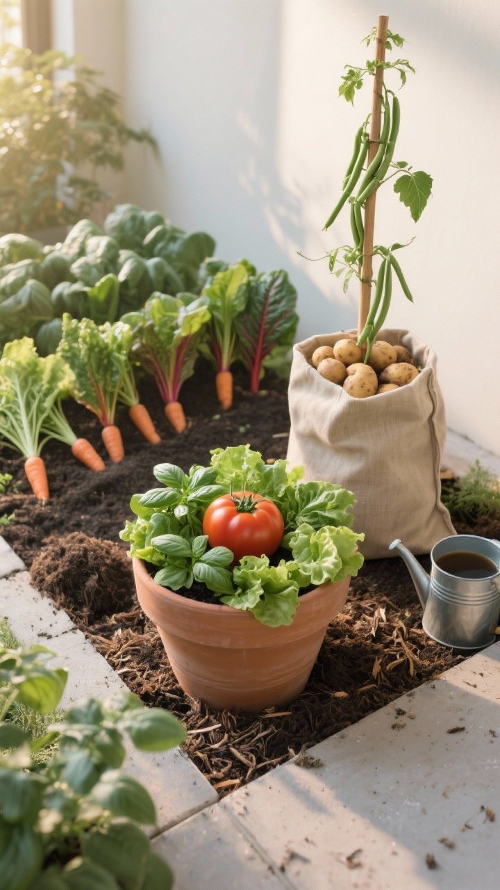 Photorealistic medium shot of a smart interplanted container and bed: a large pot with a deep-rooted tomato in the center, ringed by shallow-rooted basil and lettuce; next to it, a fabric grow bag with potatoes, a central stake supporting pole beans climbing upward; nearby row shows carrots under taller chard, splitting soil horizons. Early morning light, visible mulch and compost tea watering can nearby, textures of fabric grow bag and leafy layers, slight corner perspective.