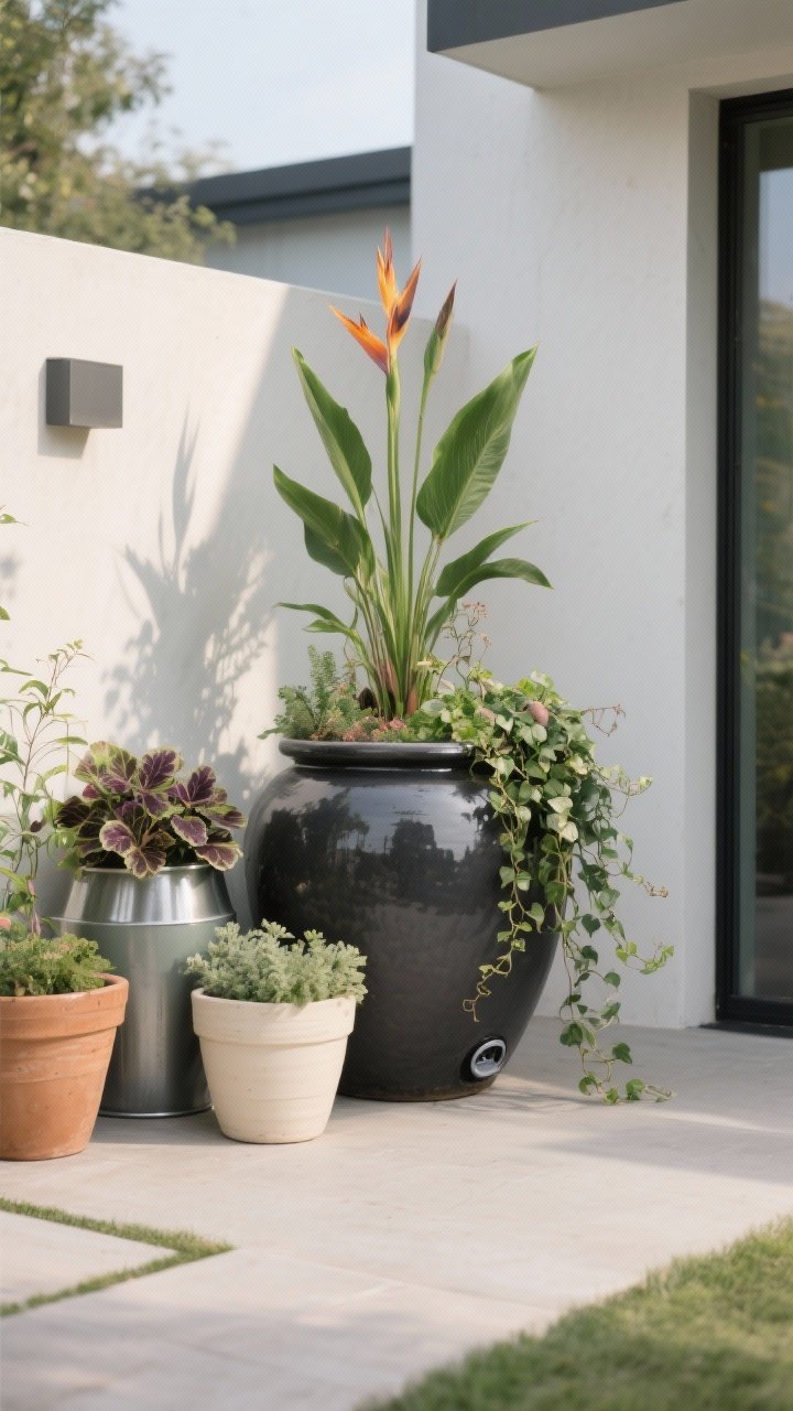 Photorealistic medium shot of a statement container garden on a modern patio corner: one oversized charcoal ceramic pot anchoring the scene, surrounded by a tight palette of charcoal, cream, and sage containers in mixed materials (terracotta, glazed ceramic, powder-coated metal). Use the “thriller, filler, spiller” formula in each pot: tall drama plant (like a canna or tall grass) in the center, medium fillers (coleus, heuchera), and trailing vines spilling over edges (ivy, sweet potato vine). Soft late-afternoon natural light, subtle shadows, clean backdrop wall, optional discreet self-watering container details visible. Emphasize texture contrasts between clay, glossy glaze, and matte metal.