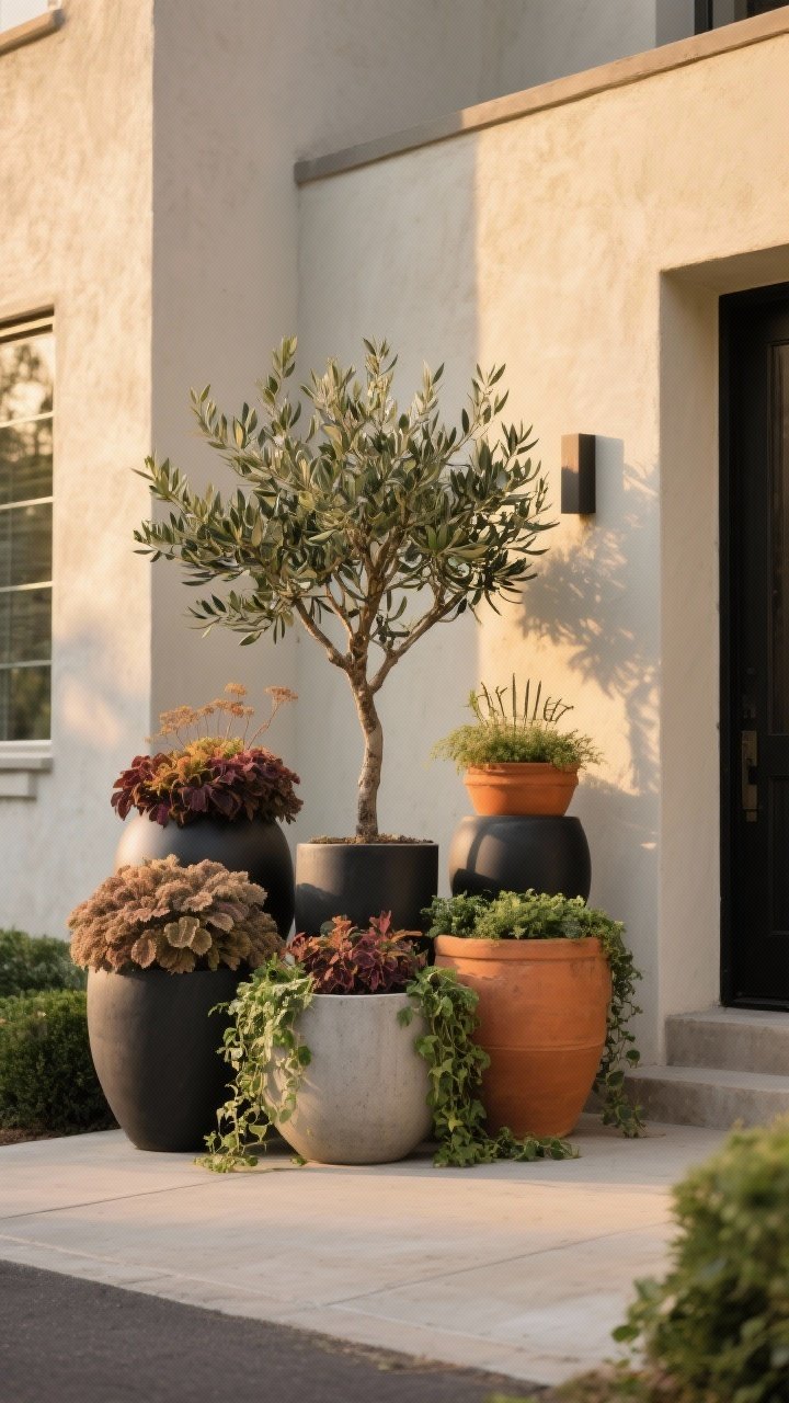 Photorealistic medium shot of a statement container collection by a front entry: clustered sculptural pots in concrete, matte black, and warm terracotta, mixed heights but a tight color palette; planting formula visible—“thriller” olive tree as the focal point, “filler” mounds of heuchera and coleus, and “spiller” trails of ivy and creeping jenny cascading over edges; neutral stucco backdrop, gentle golden-hour light for gallery-like curb appeal, straight-on perspective.