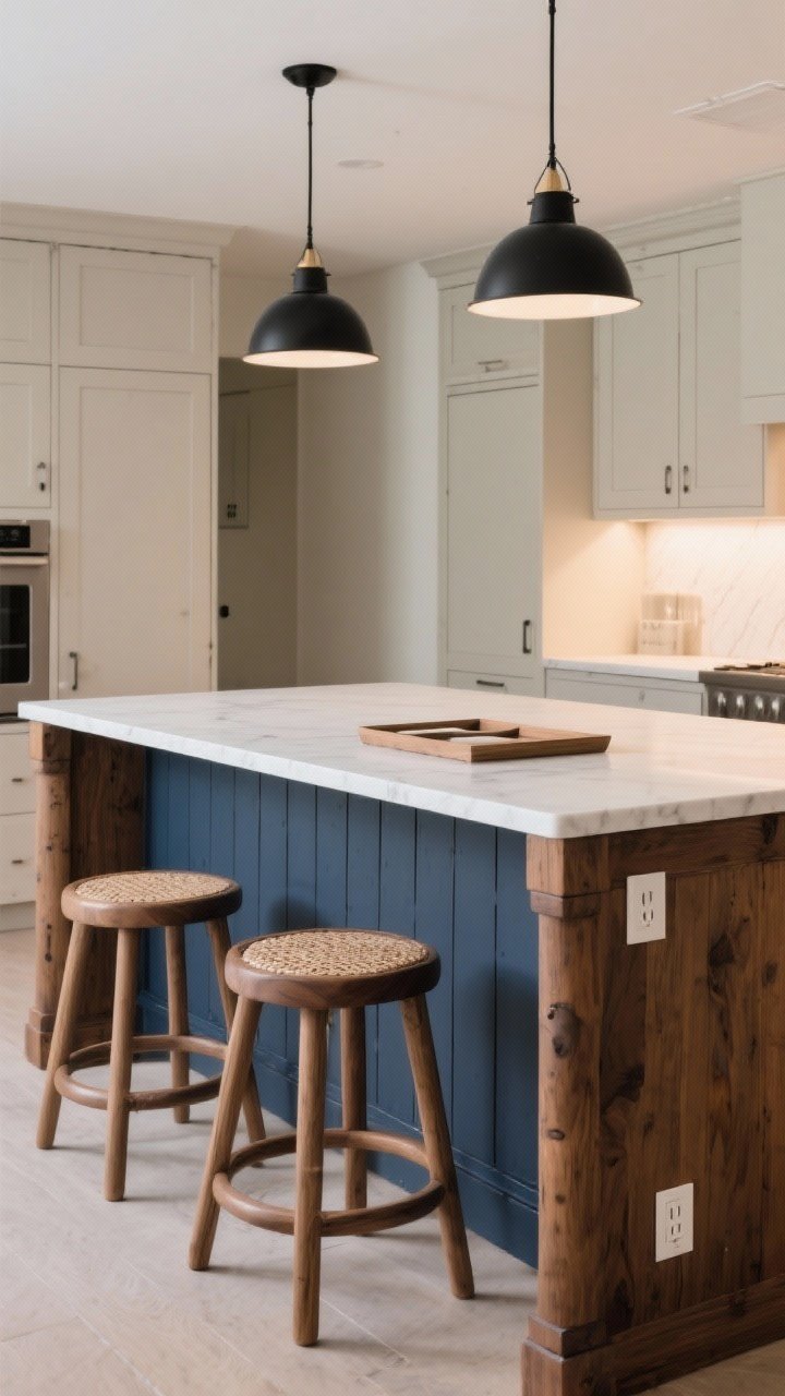 Photorealistic medium shot of a statement kitchen island: wood base painted in inky navy with a contrasting white quartz top, simple shiplap wrap on the sides, a chunky foot rail, and two curved wood stools with woven seats; integrated outlet visible on the island end panel and a hint of tray dividers behind a slightly open cabinet; two medium matte black pendants centered above; neutral perimeter cabinetry in the background; even, warm ambient lighting; straight-on perspective to showcase proportion and functional details.