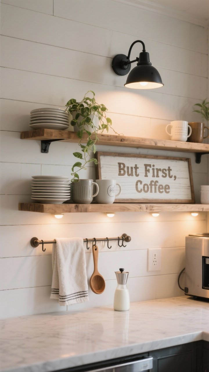 Photorealistic medium shot of a styled wall moment above a coffee station: floating wood shelves holding stacked saucers, a few mugs, and a small trailing plant; a peg rail beneath with hanging towel, wooden coffee scoop, and milk frother; farmhouse art/signage in wood or metal reading “But First, Coffee”; beadboard or shiplap paneling backing the vignette to frame the area; cozy lighting from a black plug-in sconce overhead plus subtle under-shelf puck lights casting a warm 2700K–3000K glow; straight-on composition showcasing vertical styling.