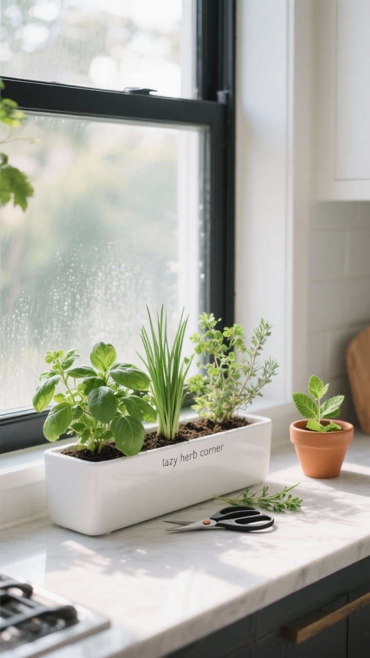 Photorealistic medium shot of a sunny kitchen windowsill styled as a “lazy herb corner”: a long matte-white planter box holding basil, parsley, chives, and thyme, with a separate small terracotta pot for mint set slightly apart to one side. Freshly snipped stems and small herb scissors rest on the sill. Clean, modern look with soft morning natural light, subtle condensation on the glass, and a minimal black window frame. Emphasize lush greenery, neat soil, and the texture of ceramic pots; no people.