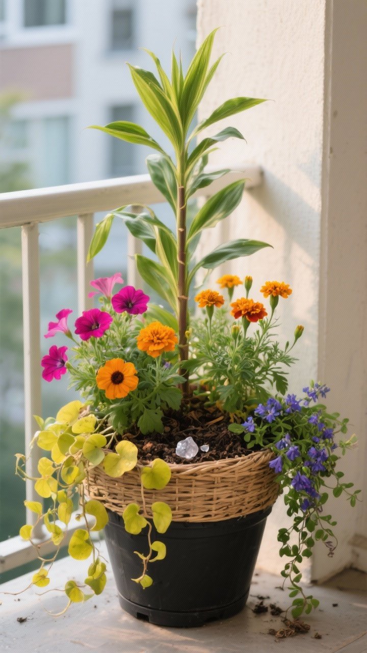 Photorealistic medium shot of a “thriller, filler, spiller” container garden on a small balcony corner: a tall cordyline as the thriller, bright petunias and marigolds as fillers, and chartreuse sweet potato vine plus trailing lobelia spilling over the rim. The plants sit in a cheap black plastic nursery pot tucked inside a thrifted woven basket cover. Visible top layer shows compost mixed with a few water-retaining crystals glistening. Soft morning natural light, straight-on angle, shallow depth of field to emphasize lush, layered planting.