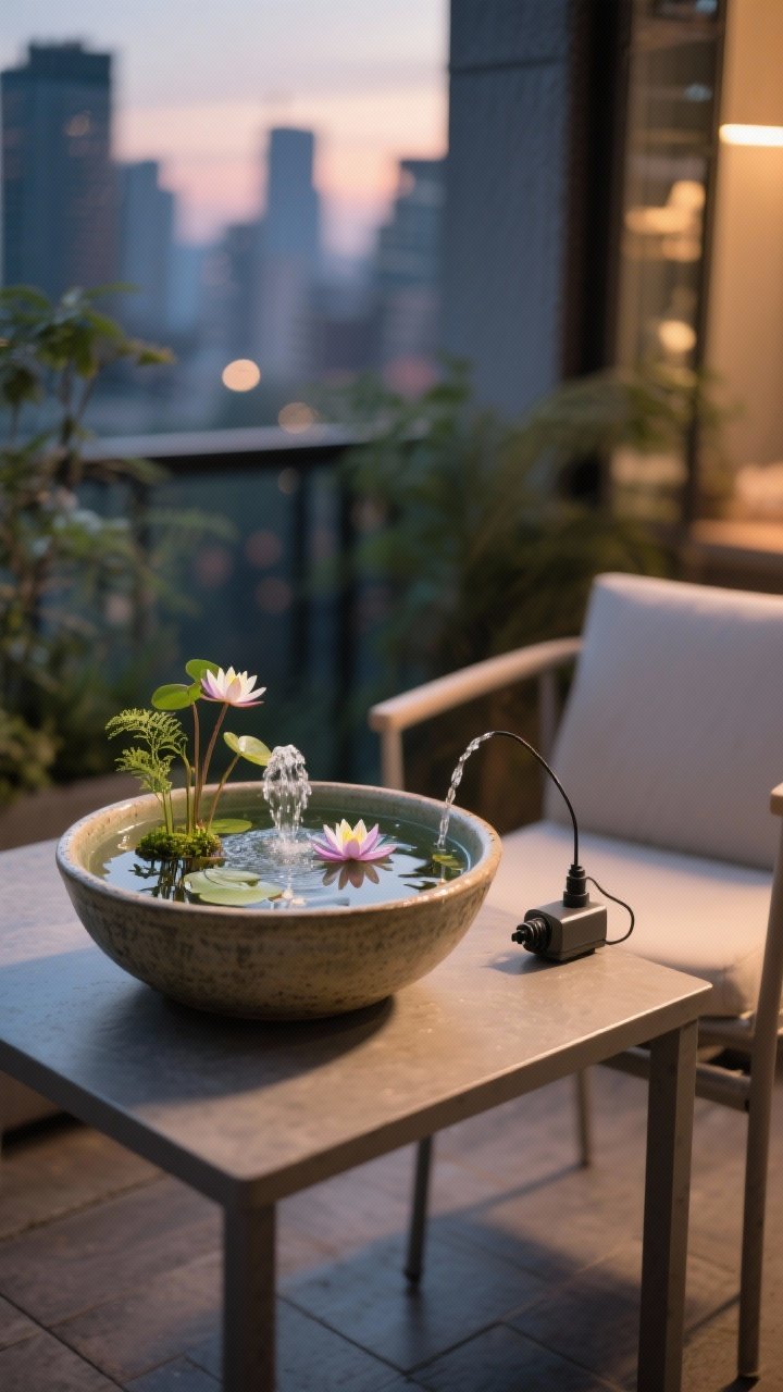Photorealistic medium shot of a tiny oasis setup on a patio table: a ceramic bowl pond with clear water, dwarf water lilies, and a couple of submerged oxygenating plants; adjacent small plug-in tabletop fountain gently burbling; a discreet mini pump for circulation visible at the bowl’s edge for mozzie control; placed beside a simple outdoor chair to suggest a seating area; warm ambient evening light with soft reflections on water, city background muted.
