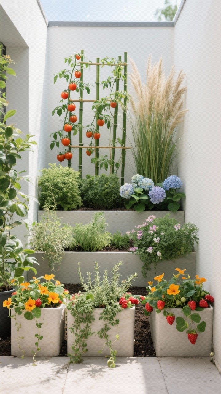 Photorealistic medium shot of a tiny plot arranged in layered heights for fullness: back row with tall drama (trellised tomatoes, bamboo, ornamental grasses), middle row with bushy herbs and dwarf hydrangeas, front row with trailing thyme, nasturtiums, and strawberries spilling over container edges. Repeat one plant type in three spots for a high-end curated feel. Eye-level perspective with bright, even daylight; textures of leaves and flowers crisp and lush.