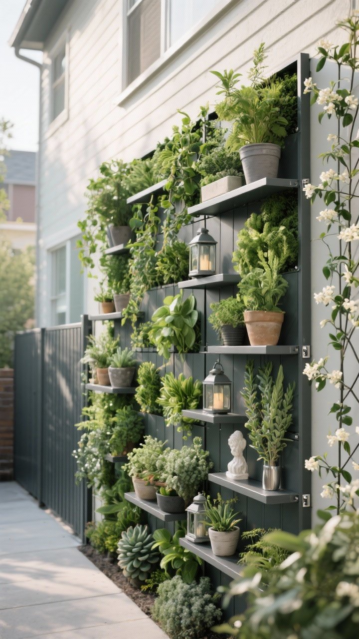 Photorealistic medium shot of a townhouse fence treated as a vertical garden: modular living wall panels filled with repeating herbs, trailing ivy, and succulents in a tight 2–3 plant palette; slim powder-coated metal tiered wall shelves holding planters, lanterns, and tiny sculptures; a slim trellis with jasmine or clematis softening hard lines. Stainless/galvanized mounting hardware visible, matte greens and charcoal accents, soft morning natural light, shallow depth of field to emphasize lush vertical repetition, no people.